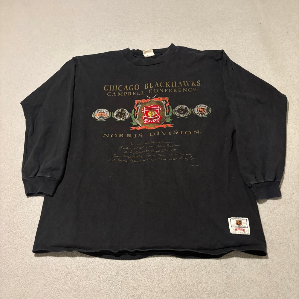Vintage 1992 Chicago Blackhawks Nutmeg Mills CCM Long Sleeve Shirt Mens XL Black